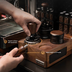Walnut wood espresso tamping station detail