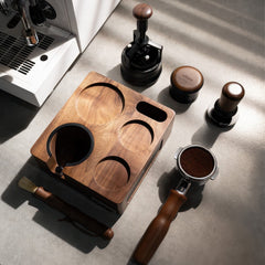 Walnut wood espresso tamping station detail