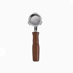 Stainless steel bottomless portafilter with walnut handle