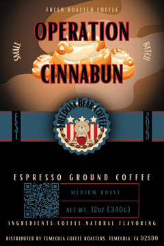 Flat Operation Cinnabun Flavored Coffee label with cinnamon-roll artwork and Freedom Bear crest
