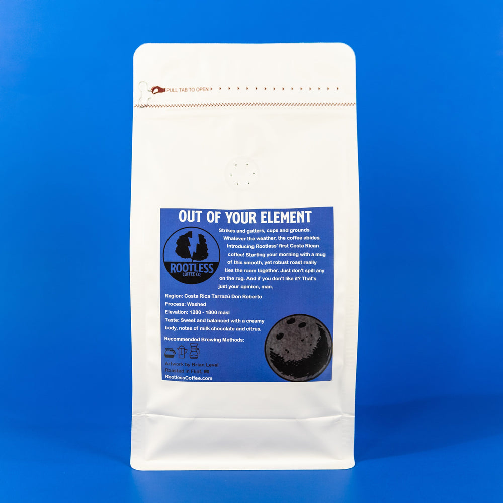 Bag of medium roast coffee from Costa Rica with notes of Chocolate, Fruity