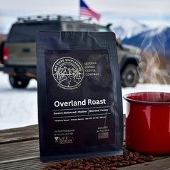 Overland Roast coffee bag on brewing bench
