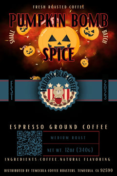 Flat Pumpkin Bomb Spice Flavored Coffee label with orange jack-o-lantern artwork and Freedom Bear crest
