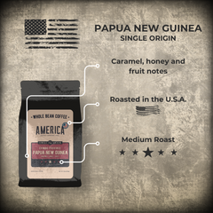 America Coffee Co. Papua New Guinea Chimbu Coffee origin, roast, and tasting profile graphic
