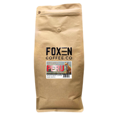 Foxen Peru Medium Roast coffee in a brown resealable bag