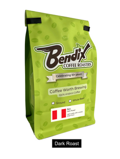 Front of green Bendix Peru Dark Roast Coffee bag showing its product label