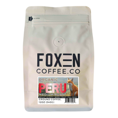 Foxen Peru Medium Roast ground coffee in a white pouch