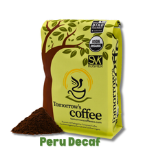Tomorrow’s Coffee bag beside darker-colored ground coffee — Tomorrow’s Coffee Peru Decaf Coffee gallery