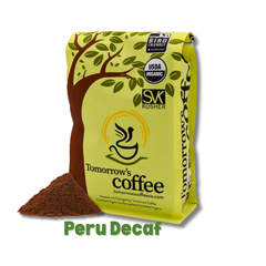 Tomorrow’s Coffee bag beside lighter-colored ground coffee — Tomorrow’s Coffee Peru Decaf Coffee gallery