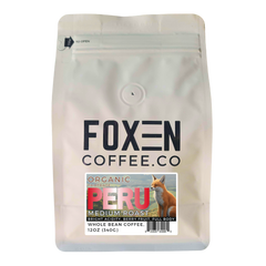 Foxen Peru Medium Roast whole bean coffee in a white pouch