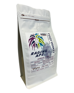 Fuzzy Monkey Raging Ape Vienna Dark Espresso Blend — angled white Fuzzy Monkey pouch labeled Raging Ape