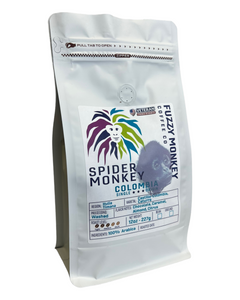 Fuzzy Monkey Spider Monkey Colombia Medium Coffee — white Spider Monkey Colombia bag with colorful monkey illustration