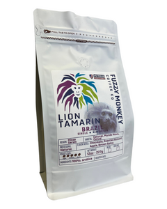 Fuzzy Monkey Lion Tamarin Brazil Italian Dark Coffee — white Lion Tamarin Brazil bag with multicolored monkey logo