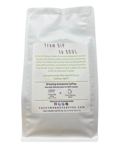 Fuzzy Monkey Sumatran Orangutan Dark Roast Coffee — back of white Sumatran Orangutan gallery pouch