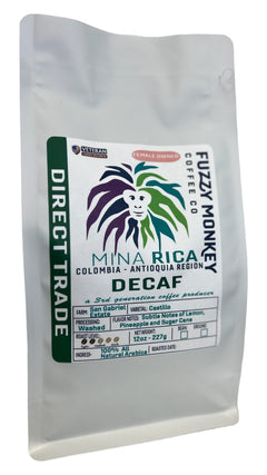 Fuzzy Monkey Mina Rica Colombian Sugarcane Decaf — Breakfast Blend package shown in the Mina Rica gallery; label does not match this decaf listing