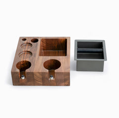 Wood espresso tamping station detail