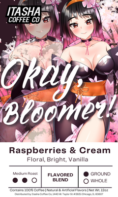 Okay Bloomer raspberries-and-cream label with a dark-haired character and pink blossoms