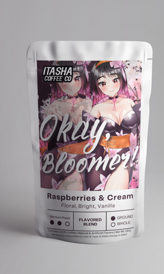 Itasha Okay Bloomer coffee pouch displaying the pink floral raspberry label