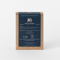 Back of the Pink Elephant Roam Roast package with brewing illustrations