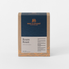 Front-facing Pink Elephant Roam Roast package and origin label