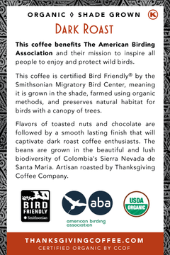 SongBird Colombian Dark Roast Coffee coffee bag back label