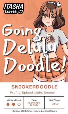 Going Delulu Doodle snickerdoodle label with a brown-haired character on orange