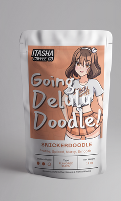 Silver Itasha Going Delulu Doodle bag showing the orange snickerdoodle label