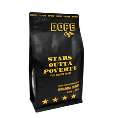 Angled view of the black Rwanda Isimbi coffee bag