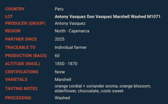 Peru Antony Vasquez coffee product information