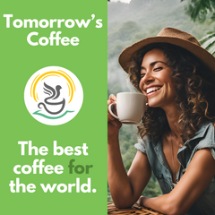 Woman holding a coffee mug beside a green Tomorrow’s Coffee brand panel — Tomorrow’s Coffee Peru Decaf Coffee gallery