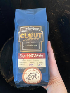 Clout Single Malt Whisky Barrel-Aged Coffee 16 oz — barrel-aged beans with whisky barrel