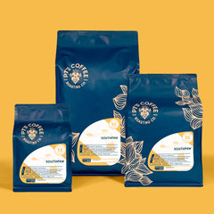 Three blue PT’s Southpaw bags against a yellow background — PT’s Southpaw Light-Medium Espresso Coffee Blend
