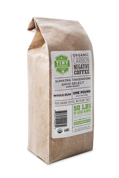 Brown Tiny Footprint Sumatra coffee bag with a green-and-white label — Tiny Footprint Sumatra Takengon Select Dark Roast