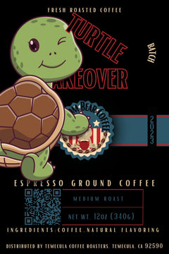 Flat Turtle Takeover Flavored Coffee label with green cartoon turtle artwork and Freedom Bear crest