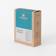 Angled front view of Pink Elephant Tanzania Peaberry packaging with a turquoise panel