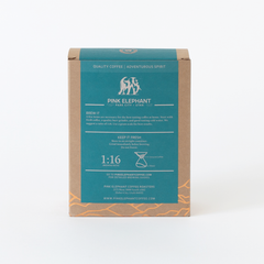 Back of the Pink Elephant Tanzania Peaberry package with brewing illustrations