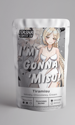 Silver Itasha I’m Gonna Misu pouch displaying the gray tiramisu artwork