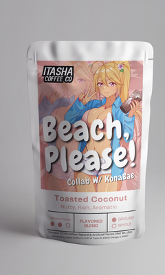 Silver Itasha Beach Please coffee pouch with the orange KonaBae toasted-coconut artwork