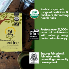 Tomorrow’s Coffee bag with USDA Organic, Bird Friendly and Fair Trade information — Tomorrow’s Coffee Ethiopian Organic Coffee gallery