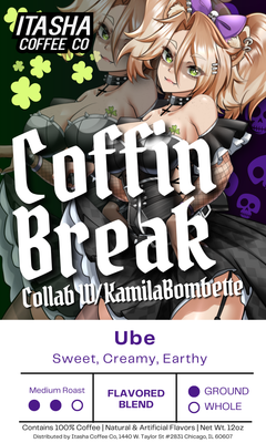 Coffin Break ube coffee label with a blonde anime character and green decorative shapes