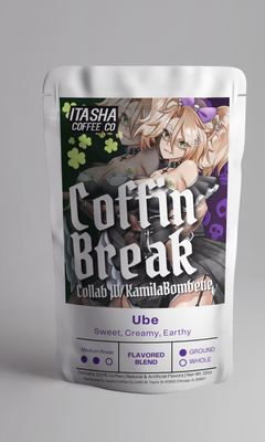 Itasha Coffin Break coffee pouch carrying the green-and-black ube collaboration label