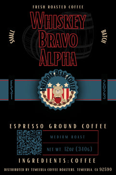 Flat Whiskey Bravo Alpha Barrel-Aged Coffee label with Whiskey Bravo Alpha lettering and Freedom Bear crest
