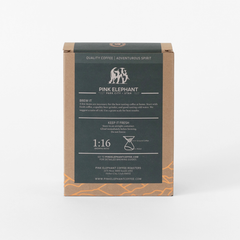 Back of the Pink Elephant Wayfarer Espresso package with brewing illustrations