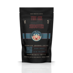 Freedom Bear The Six Shooter Dark Roast Coffee bag with red Six Shooter lettering