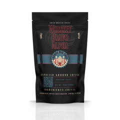 Freedom Bear Whiskey Bravo Alpha Barrel-Aged Coffee bag with Whiskey Bravo Alpha lettering
