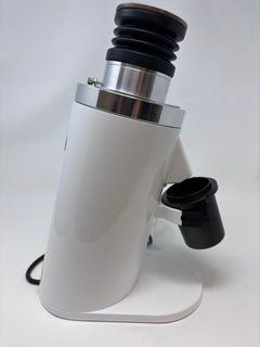 White DF64 Gen 2.7 grinder side view with dosing cup holder