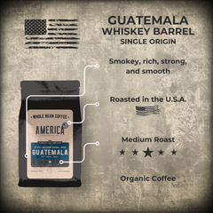 America Coffee Co. Guatemala Bourbon Barrel-Aged Coffee origin, roast, and tasting profile graphic