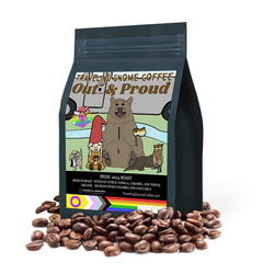 Traveling Gnome Pride coffee bag with Out and Proud artwork
