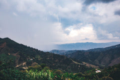 Olympia Decaf Asterisk Colombian Sugarcane Coffee — clouds above a green mountain landscape