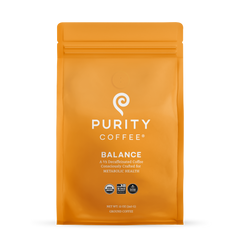 Front of an orange Purity Coffee Balance pouch